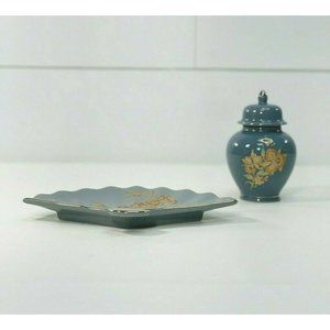 Vintage Small Asian Urn Vase Jar Trinket Dish Set Floral Multicolored Porcelain
